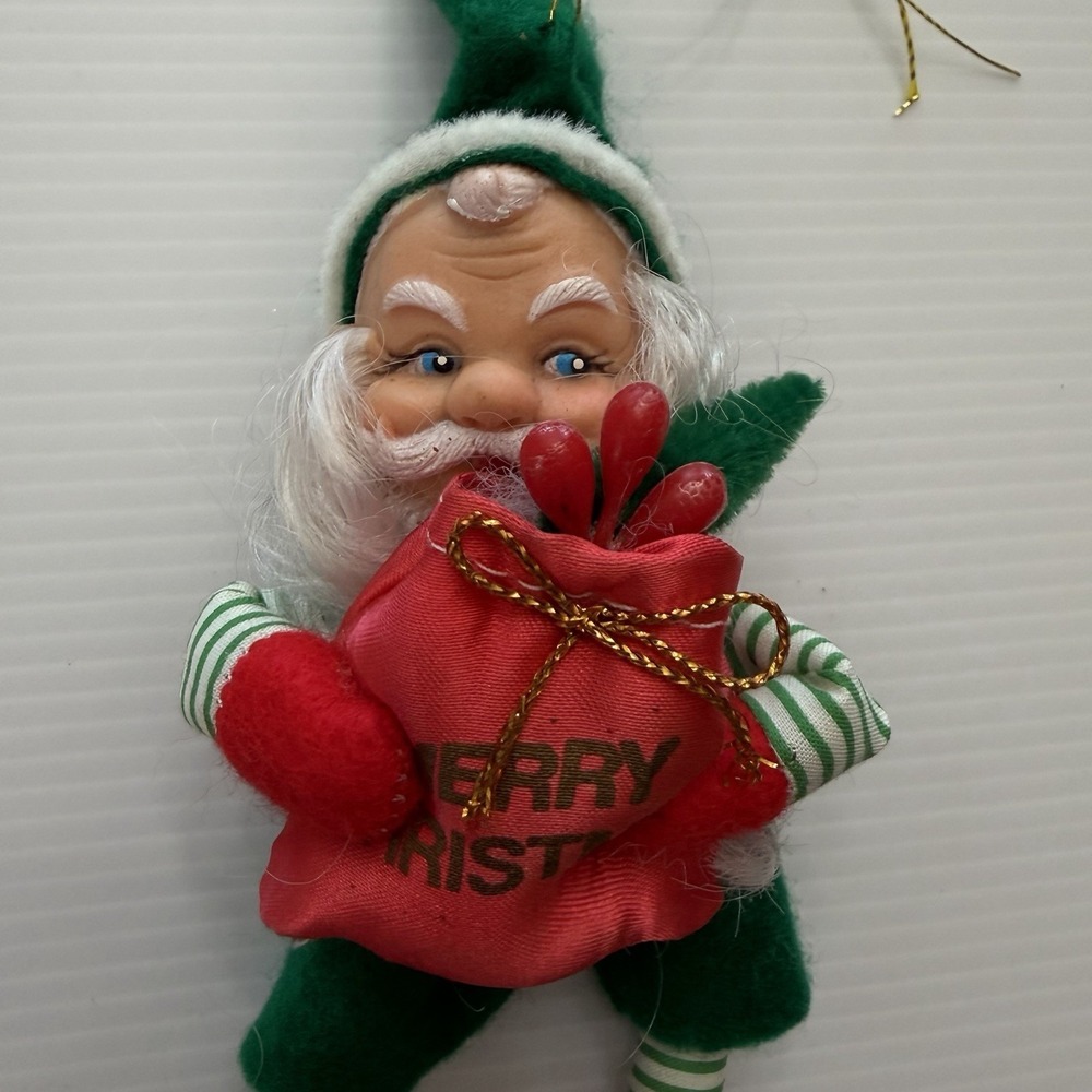 Vintage Christmas Elf Ornament Plastic Face Green Suit Merry Christmas